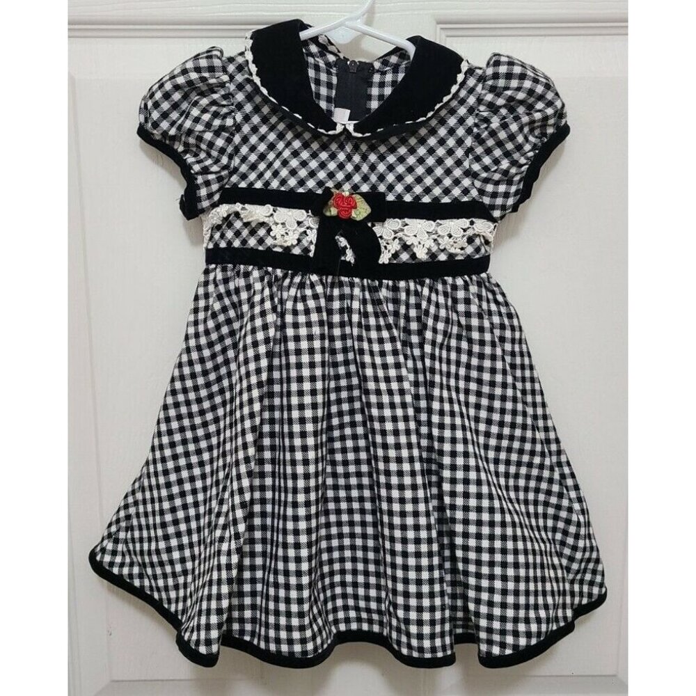 Bonnie Baby Girls Short Sleeve Swing Dress Black/Whiteโ Gingham Plaid Sz 18M